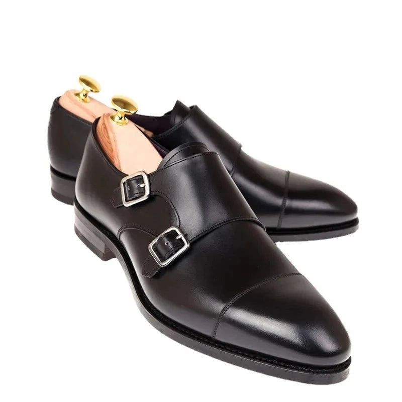 Dubbele Monk Strap Luxe Herenschoenen Echt Leer Handgemaakte Designer Zakelijke Jurk Schoenen Voor Heren Origineel - Zwart