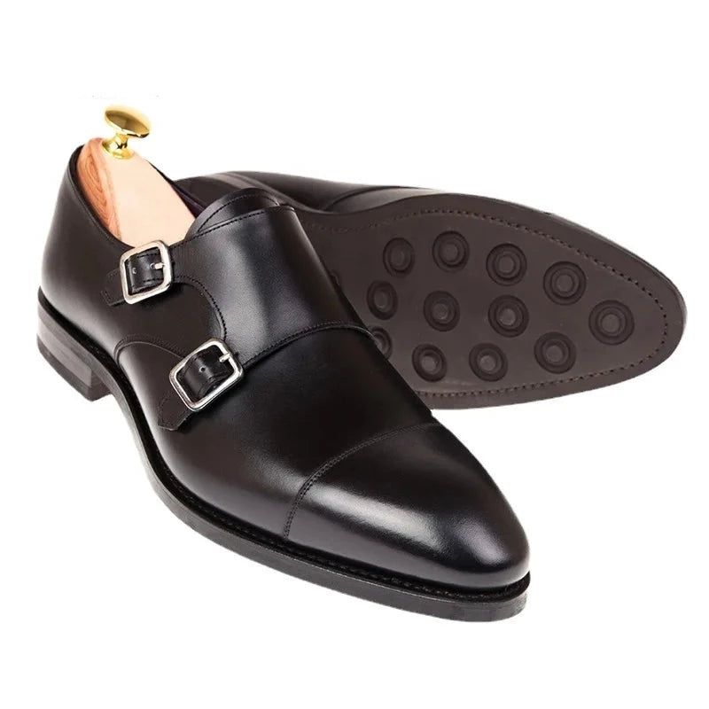 Dubbele Monk Strap Luxe Herenschoenen Echt Leer Handgemaakte Designer Zakelijke Jurk Schoenen Voor Heren Origineel - Zwart