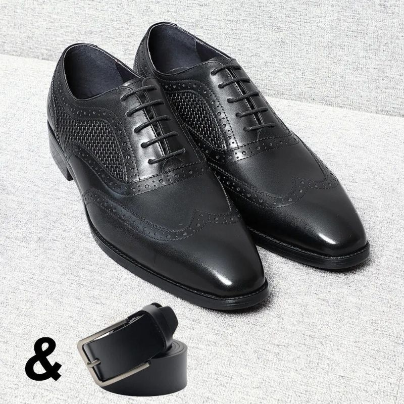 Handgemaakte Echt Lederen Herenkleding Schoenen Zwarte Puntige Neus Vleugeltip Brogue Oxfords Zakelijke Bruiloft Formele - Zwart