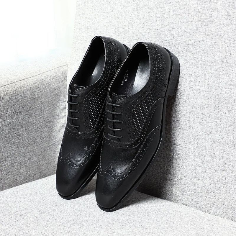 Handgemaakte Echt Lederen Herenkleding Schoenen Zwarte Puntige Neus Vleugeltip Brogue Oxfords Zakelijke Bruiloft Formele - Zwart