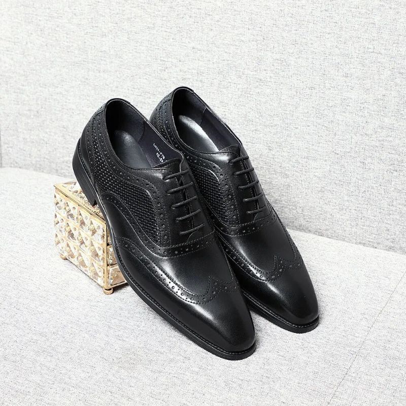 Handgemaakte Echt Lederen Herenkleding Schoenen Zwarte Puntige Neus Vleugeltip Brogue Oxfords Zakelijke Bruiloft Formele - Zwart