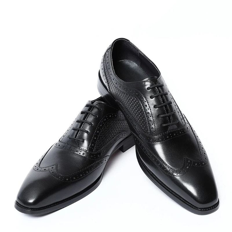 Handgemaakte Echt Lederen Herenkleding Schoenen Zwarte Puntige Neus Vleugeltip Brogue Oxfords Zakelijke Bruiloft Formele - Zwart