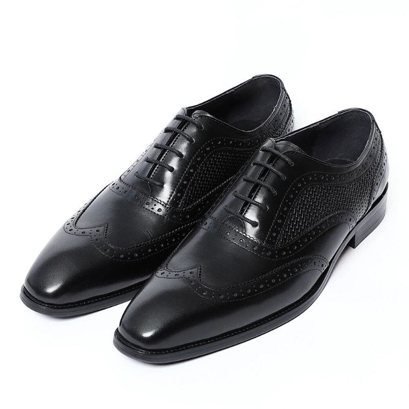 Handgemaakte Echt Lederen Herenkleding Schoenen Zwarte Puntige Neus Vleugeltip Brogue Oxfords Zakelijke Bruiloft Formele - Zwart