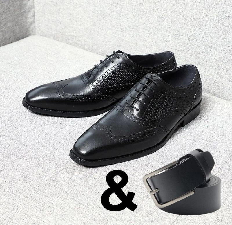 Handgemaakte Echt Lederen Herenkleding Schoenen Zwarte Puntige Neus Vleugeltip Brogue Oxfords Zakelijke Bruiloft Formele - Zwart