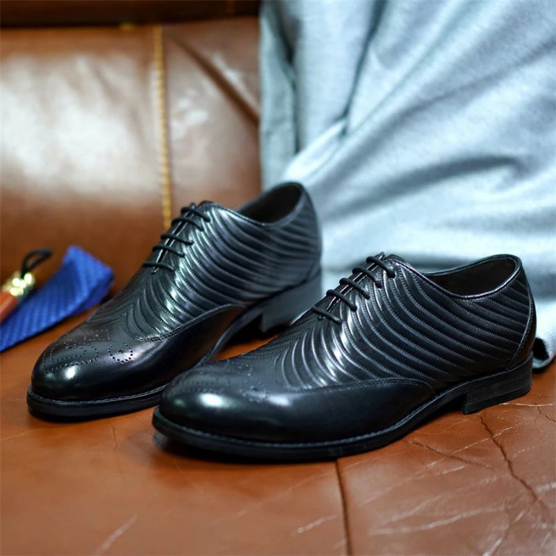 Mannen Oxford Echt Lederen Schoenen Vleugels Textuur Bruiloft Lace Up Business Office Pak Formele - Zwart