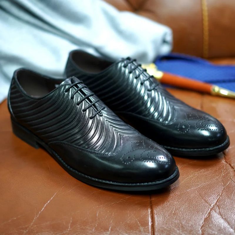 Mannen Oxford Echt Lederen Schoenen Vleugels Textuur Bruiloft Lace Up Business Office Pak Formele - Zwart