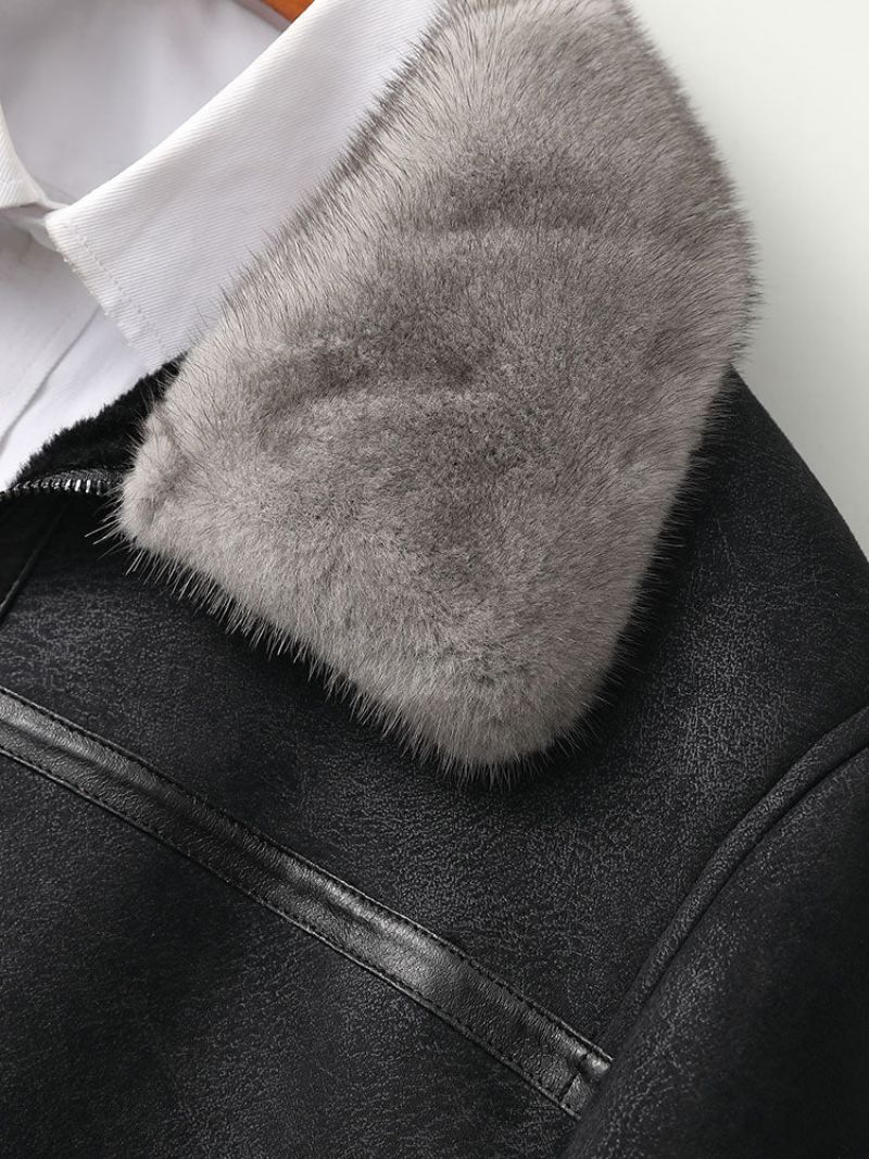 Echt Lederen Kleding Shearling Jas Heren Nertsen Kraag - Ijzergrijs