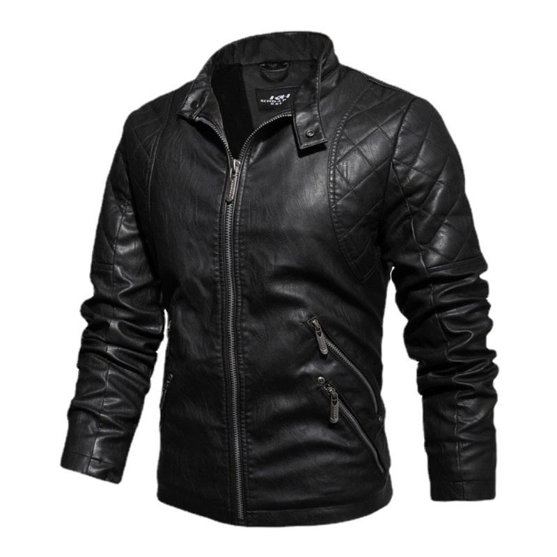 Heren Casual Borduren Biker Jas Rits Fleece Jas Herfst Winter Kunstleer Jassen - Zwart