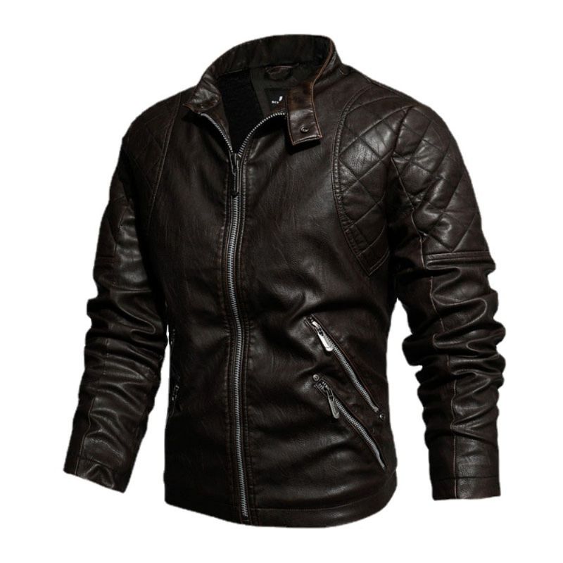 Heren Casual Borduren Biker Jas Rits Fleece Jas Herfst Winter Kunstleer Jassen - Zwart