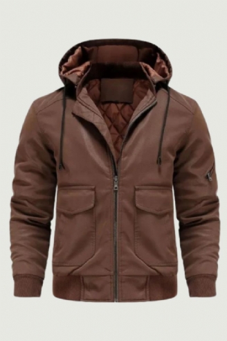 Leren Herenjas Met Capuchon Retro Motorjas Winddicht Warm Biker Uitloper Heren Casual Winter