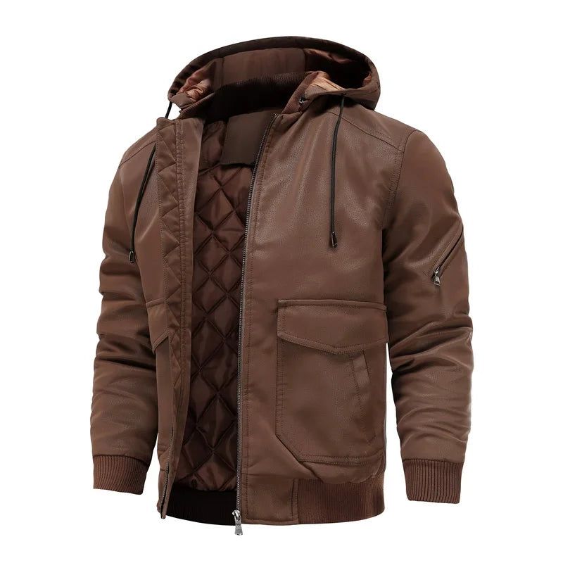 Leren Herenjas Met Capuchon Retro Motorjas Winddicht Warm Biker Uitloper Heren Casual Winter - Zwart