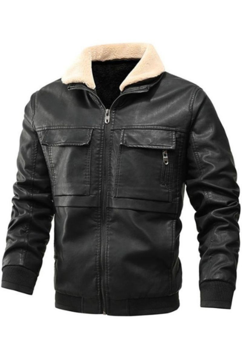 Leren Herenjas Winter Fleece Kraag Windjack Jassen Heren Slim Fit Kunstleer Motorjassen Kleding