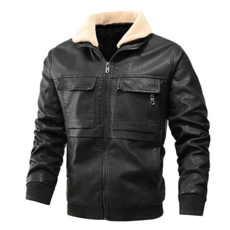 Leren Herenjas Winter Fleece Kraag Windjack Jassen Heren Slim Fit Kunstleer Motorjassen Kleding - Zwart