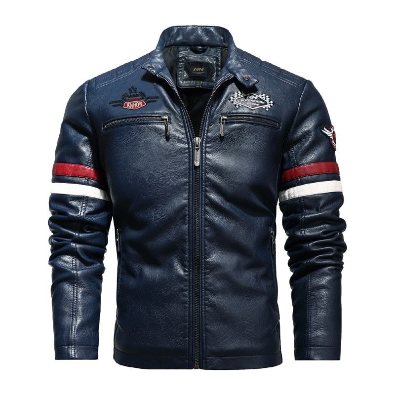 Mannen Leren Jas Geborduurde Stiksels Motorfiets Mannelijke Jas Herfst Winter Dunne Streetwear Jassen Voor - Marineblauw