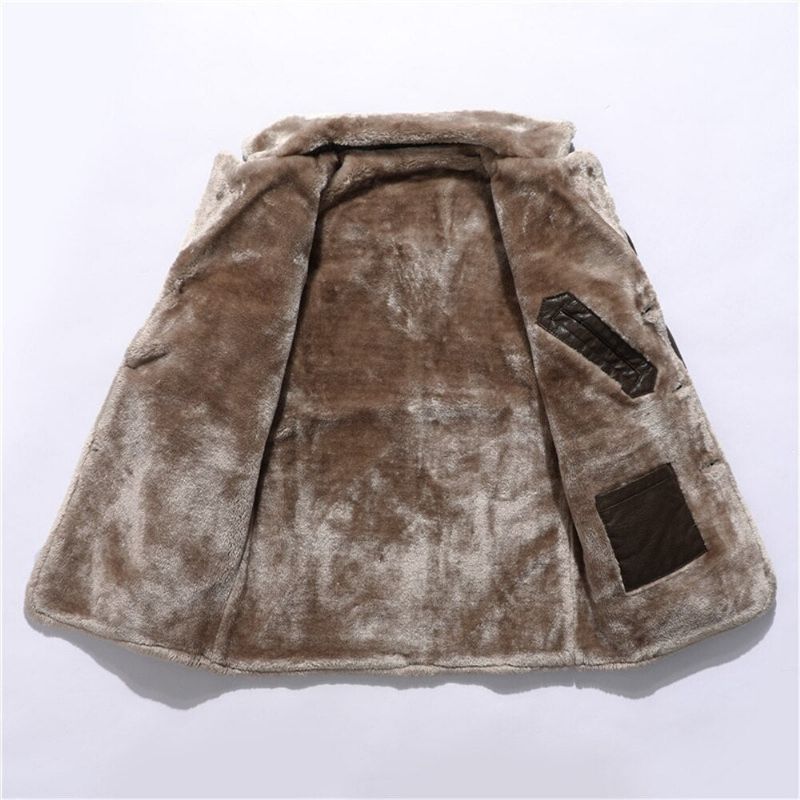 Middellange Leren Herenjas Van Fleece Groot Reverspak Pluche Herenjack Warme Winterjassen Voor Heren - Bruin