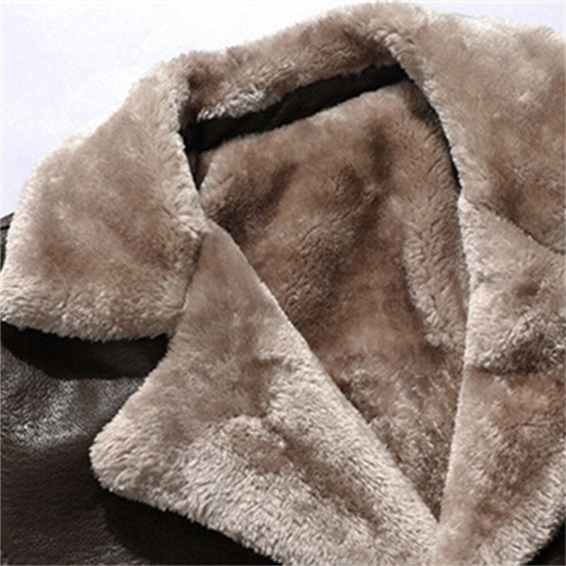 Middellange Leren Herenjas Van Fleece Groot Reverspak Pluche Herenjack Warme Winterjassen Voor Heren - Bruin