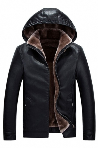 Winter Heren Leren Afneembare Jassen Met Capuchon Warme Fleece Dikker Winddicht Slanke Ritssluiting Mannelijke Bikerjassen