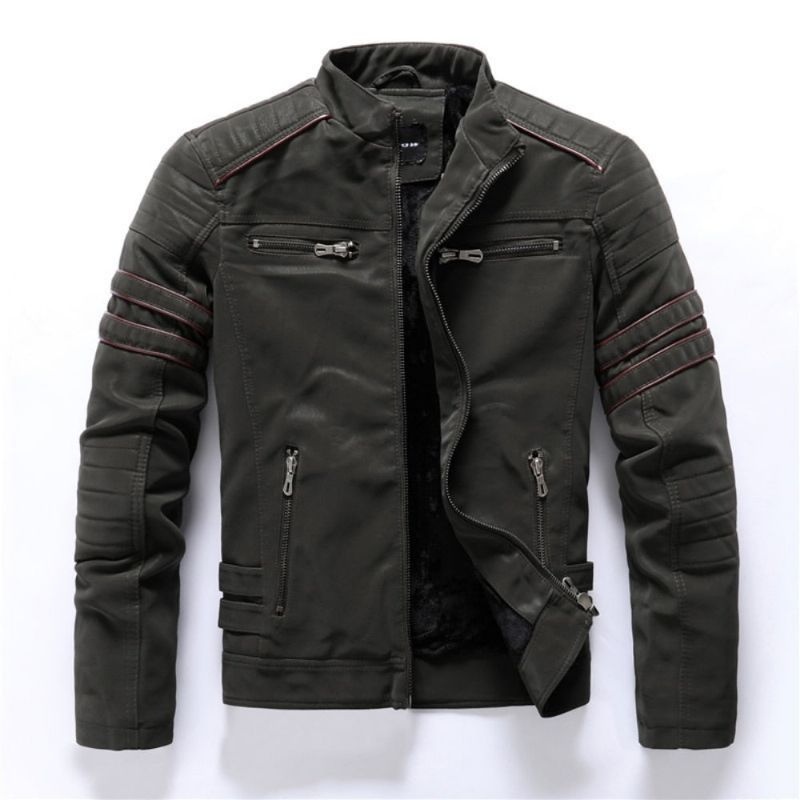 Winter Motorfiets Leren Jas Heren Vintage Fleece Warme Multi-pocket Jas Mannelijke Rits Herfst Uitloper Jassen - Zwart01