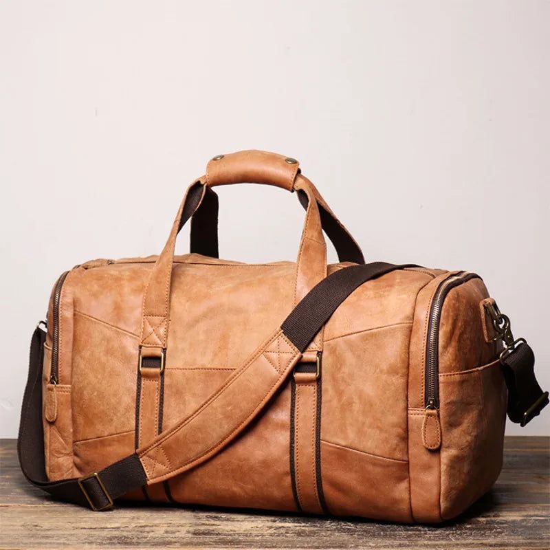 Vintage Draagbare Reistas Voor Heren Crossbodytas Met Enkele Schouder Mat Leer Met Grote Capaciteit - Bruin