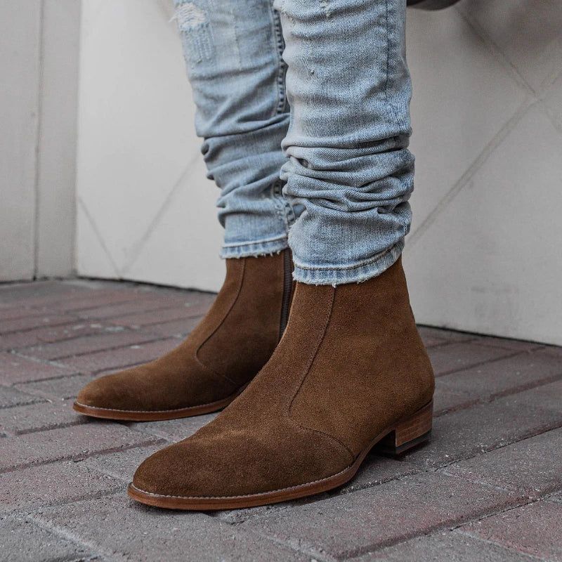 Chelsea Boots Heren Effen Lage Hak Laarzen Met Ritssluiting Aan De Zijkant Professionele Klassieke Denimlaarzen - Bruin