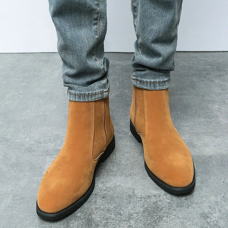 Chelsea Boots Heren Effen Lage Hak Laarzen Met Ritssluiting Aan De Zijkant Professionele Klassieke Denimlaarzen - Bruin