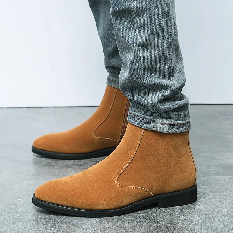 Chelsea Boots Heren Effen Lage Hak Laarzen Met Ritssluiting Aan De Zijkant Professionele Klassieke Denimlaarzen - Bruin