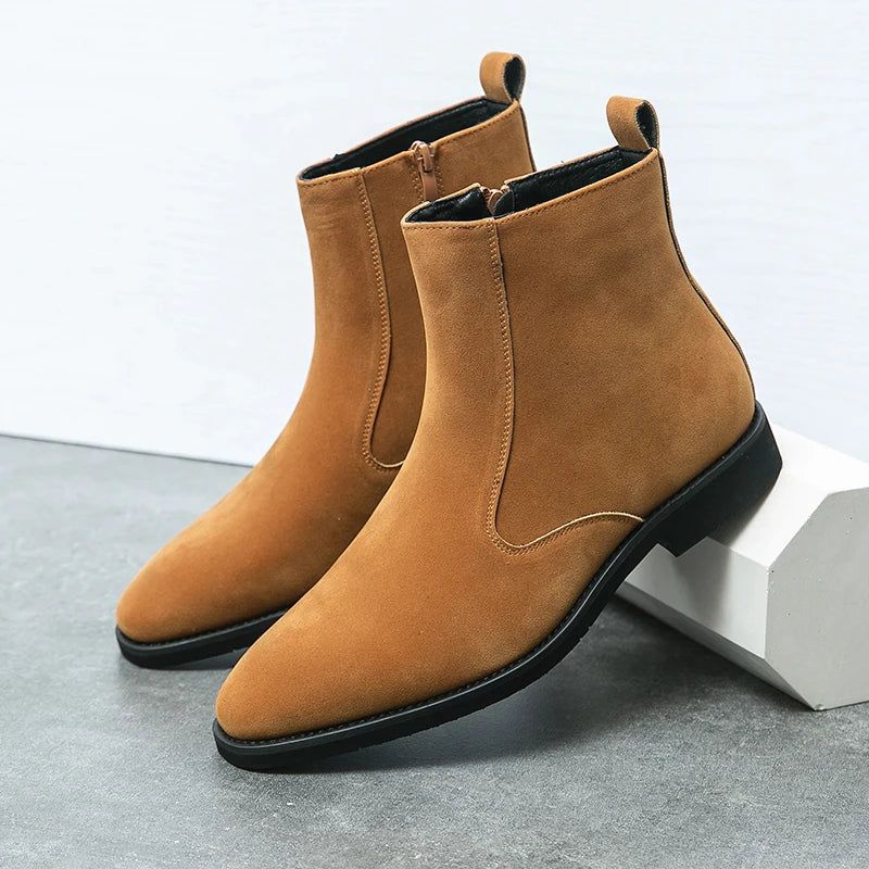 Chelsea Boots Heren Effen Lage Hak Laarzen Met Ritssluiting Aan De Zijkant Professionele Klassieke Denimlaarzen - Bruin