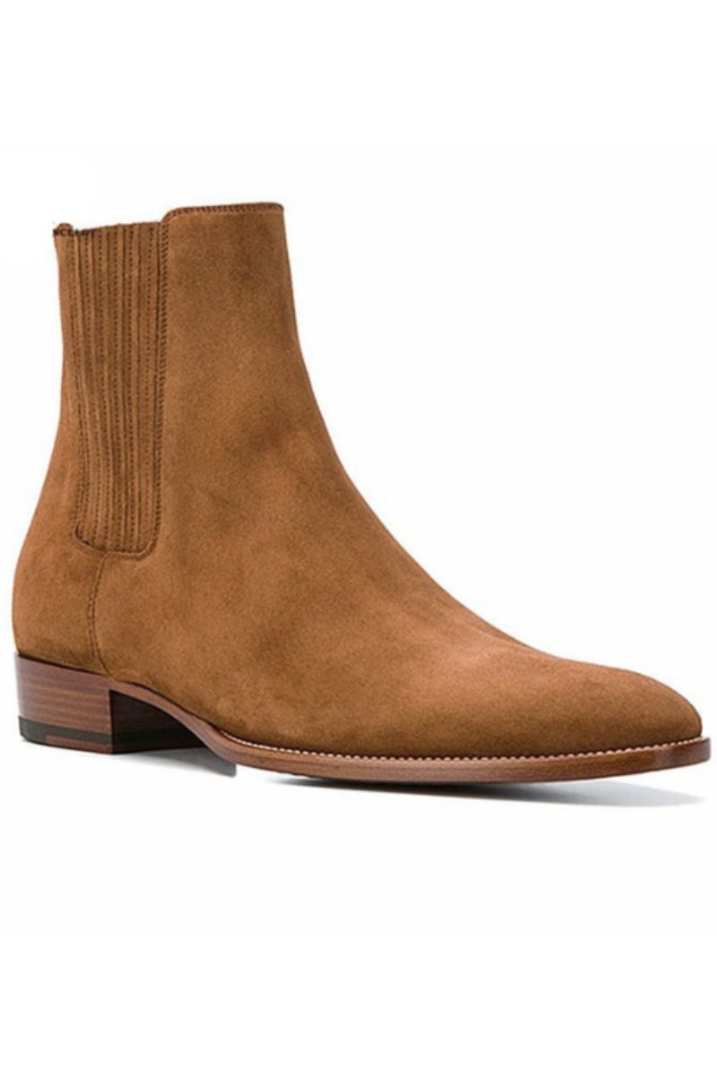 Handgemaakte Wedge Spitse Neus Business High-end Casual Chelsea Boots Suède Bruin Heren Designer Leer