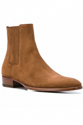 Handgemaakte Wedge Spitse Neus Business High-end Casual Chelsea Boots Suède Bruin Heren Designer Leer