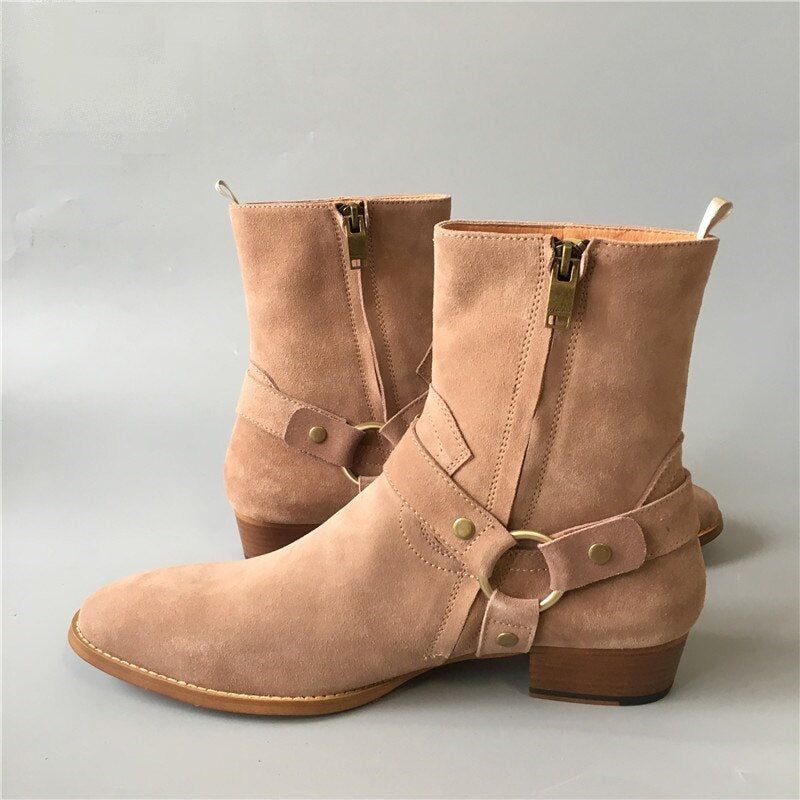 Heren Exclusieve Handgemaakte Luxe Hoge Enkelband Chelsea Suède Tan Laarzen Catwalk Wedge Puntige Toe Motorlaarzen - Beige