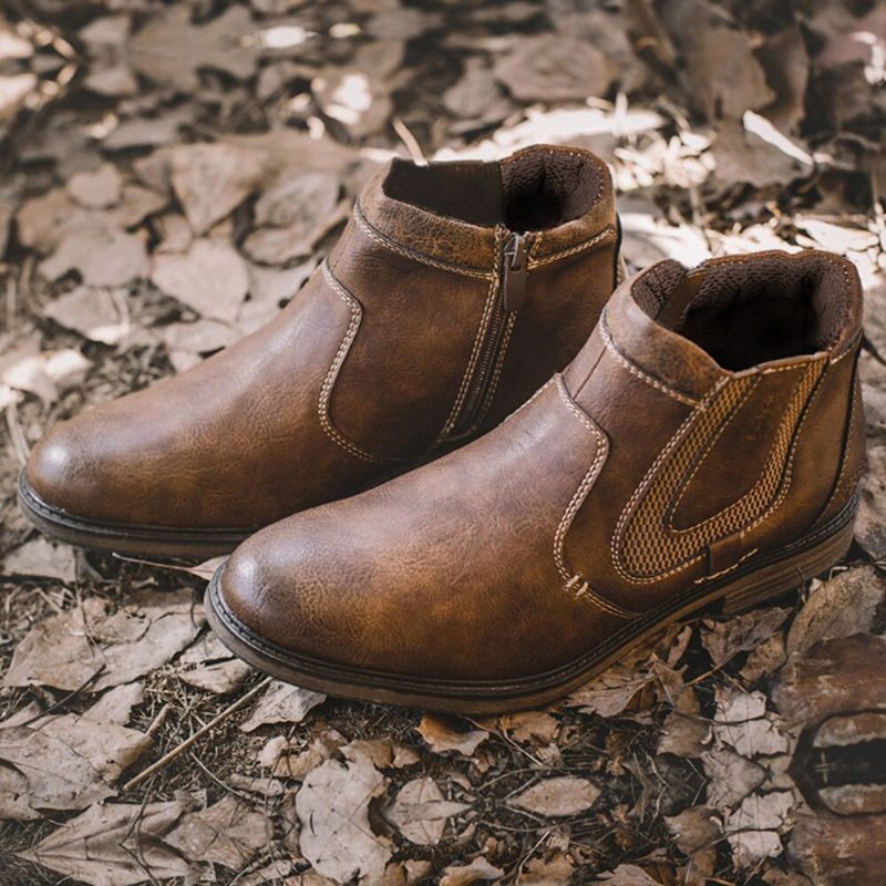 Herenlaarzen Leer Herfst Winter Vintage Stijl Enkel Korte Chelsea Boot Herenschoenen - Zwart