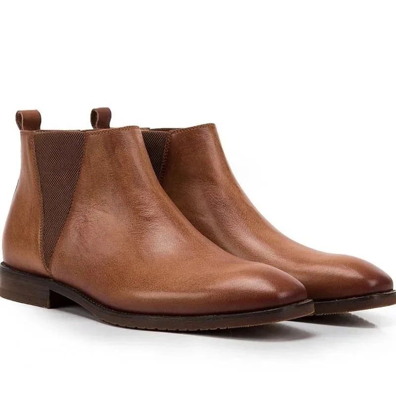 Vintage Lederen Heren Britse Stijl Enkel Chelsea Laarzen Zacht Leer Mannelijke Lage Hak Warme Ademende Bruine Casual Schoenen - Bruin