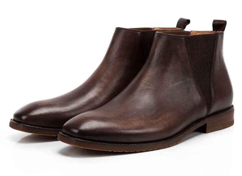 Vintage Lederen Heren Britse Stijl Enkel Chelsea Laarzen Zacht Leer Mannelijke Lage Hak Warme Ademende Bruine Casual Schoenen - Bruin