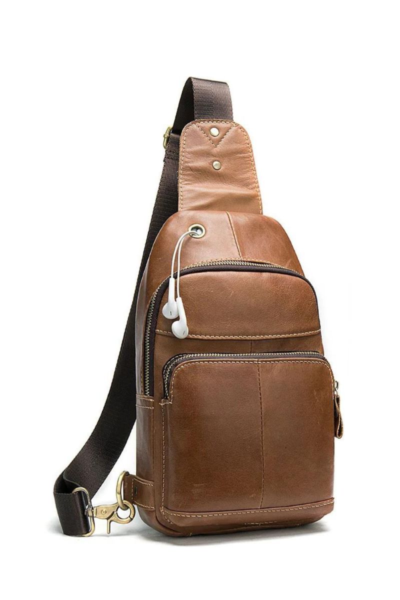 Echt Lederen Borsttassen Voor Heren Packet Retro Schoudertas Borst Hoofdtelefoonaansluiting Jongens Messenger Bag