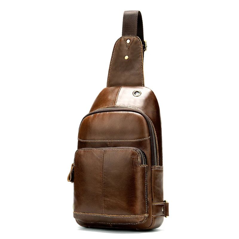 Echt Lederen Borsttassen Voor Heren Packet Retro Schoudertas Borst Hoofdtelefoonaansluiting Jongens Messenger Bag - Kastanjebruin