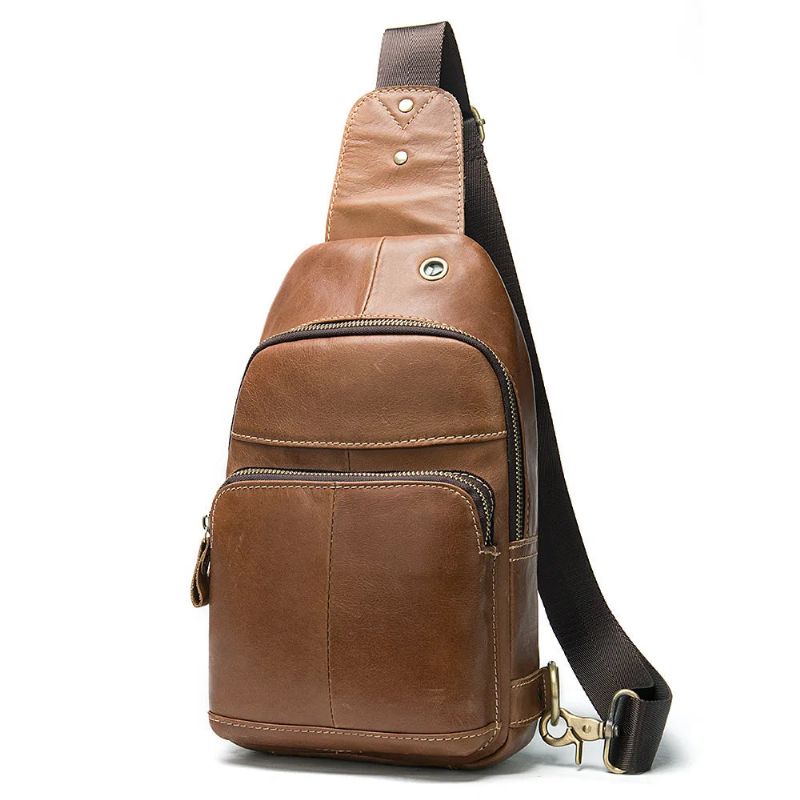 Echt Lederen Borsttassen Voor Heren Packet Retro Schoudertas Borst Hoofdtelefoonaansluiting Jongens Messenger Bag - Kastanjebruin