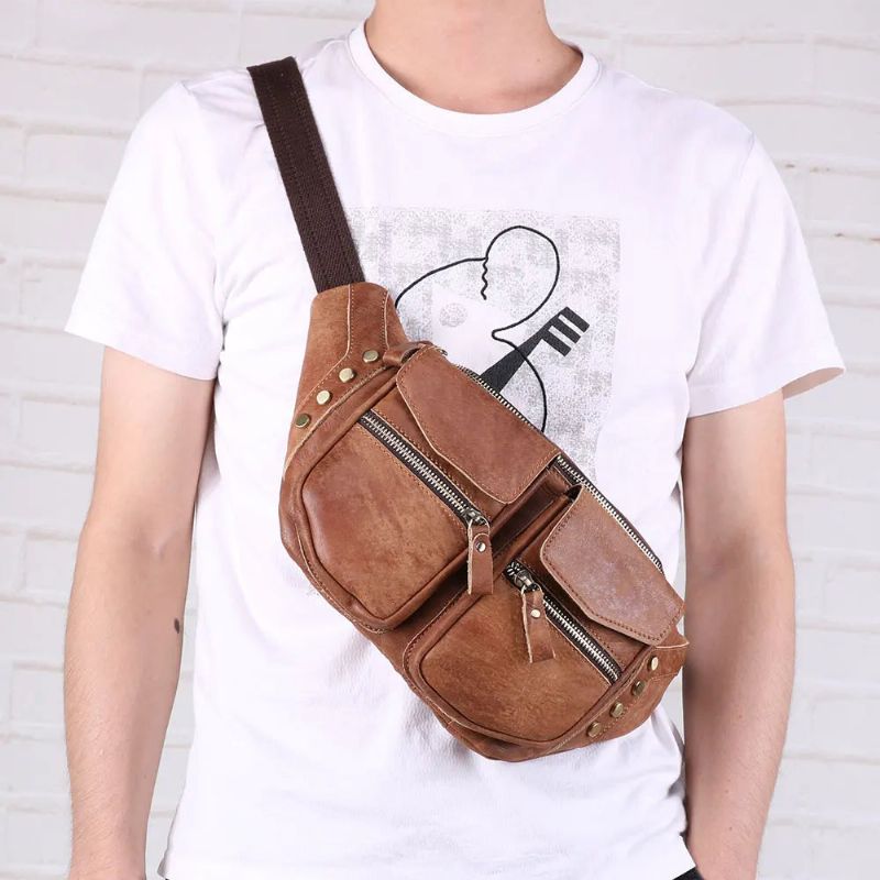 Echt Lederen Heren Messengertas Casual Crossbody Tas Handtas Mannelijke Reisschouderborsttas - Bruin