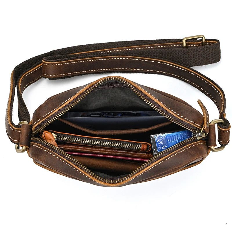 Echt Lederen Heren Schoudertas Vintage Messenger Bag Mini Crossbody Bag - Donkerbruin