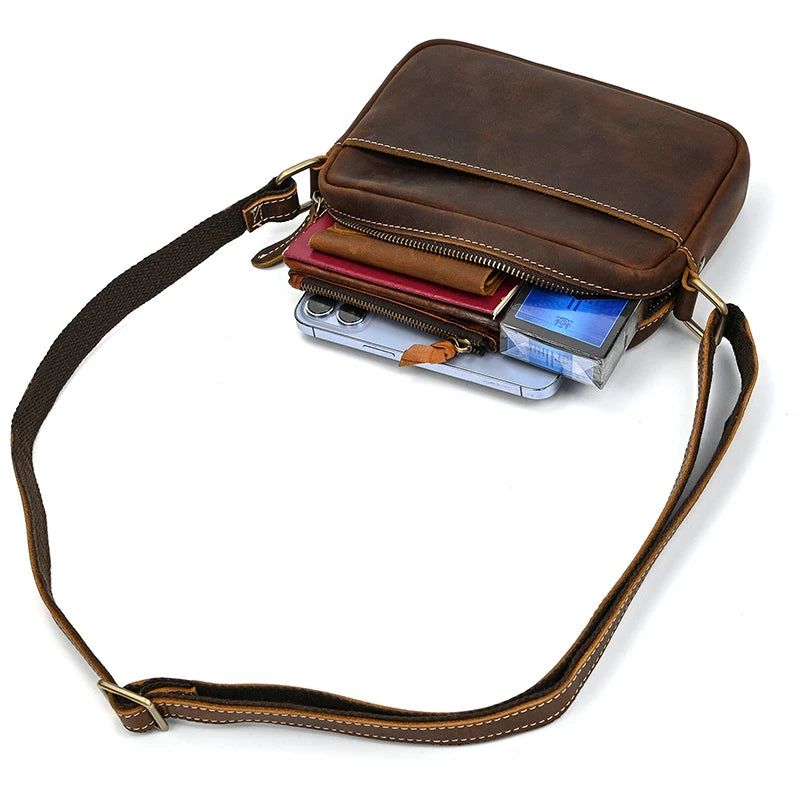 Echt Lederen Heren Schoudertas Vintage Messenger Bag Mini Crossbody Bag - Donkerbruin