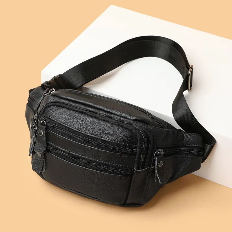 Echt Lederen Heuptas Voor Heren Fanny Bagr Schoudertas Unisex Riem Heuptasjes - Zwart