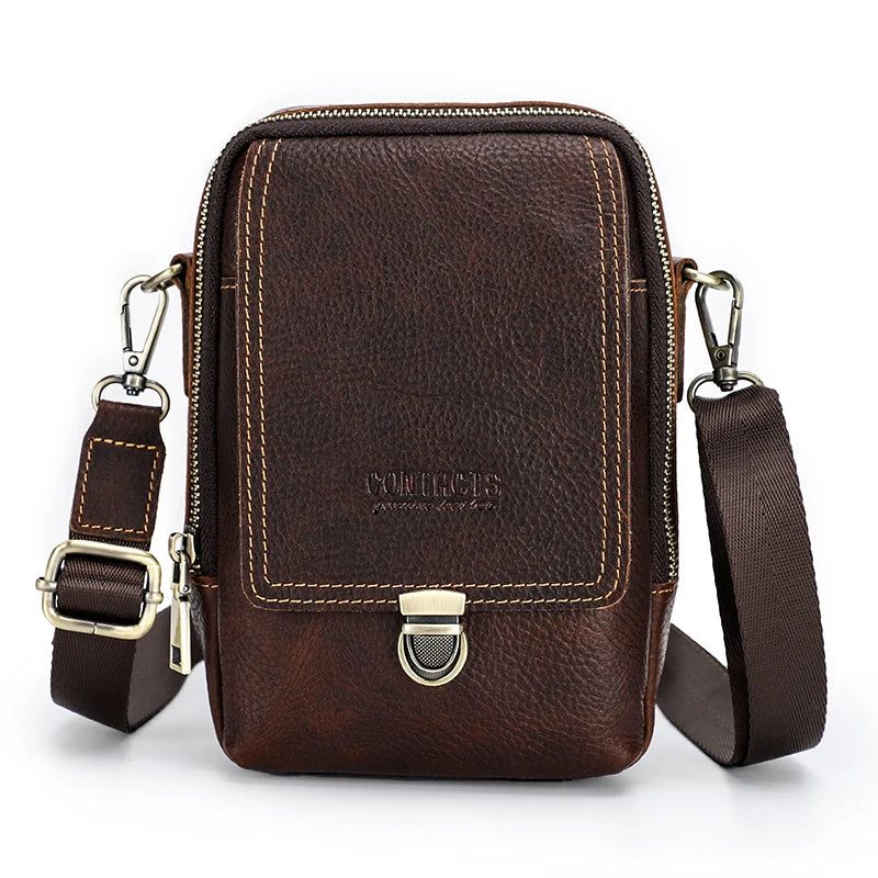 Echt Lederen Kleine Messengertas Voor Heren Casual Crossbody-schoudertas Met Reisheuptas - Koffie