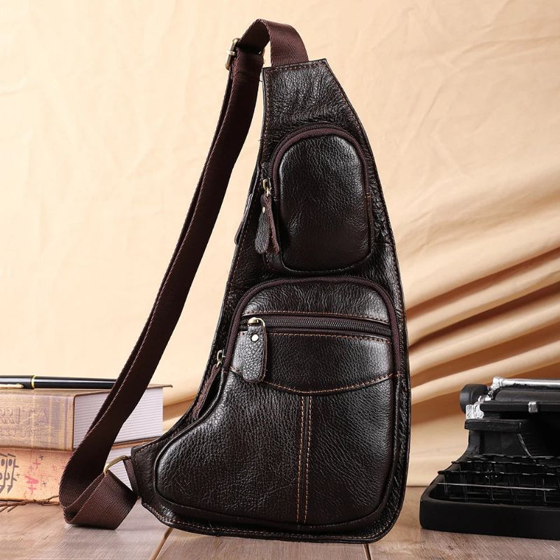 Echt Lederen Schoudertas Heren Sling Borsttas Multifunctionele Mobiele Telefoontassen Dagrugzak Crossbody Tas - Koffie