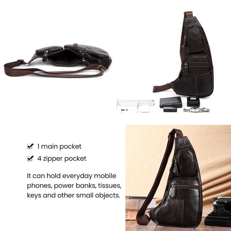 Echt Lederen Schoudertas Heren Sling Borsttas Multifunctionele Mobiele Telefoontassen Dagrugzak Crossbody Tas - Koffie