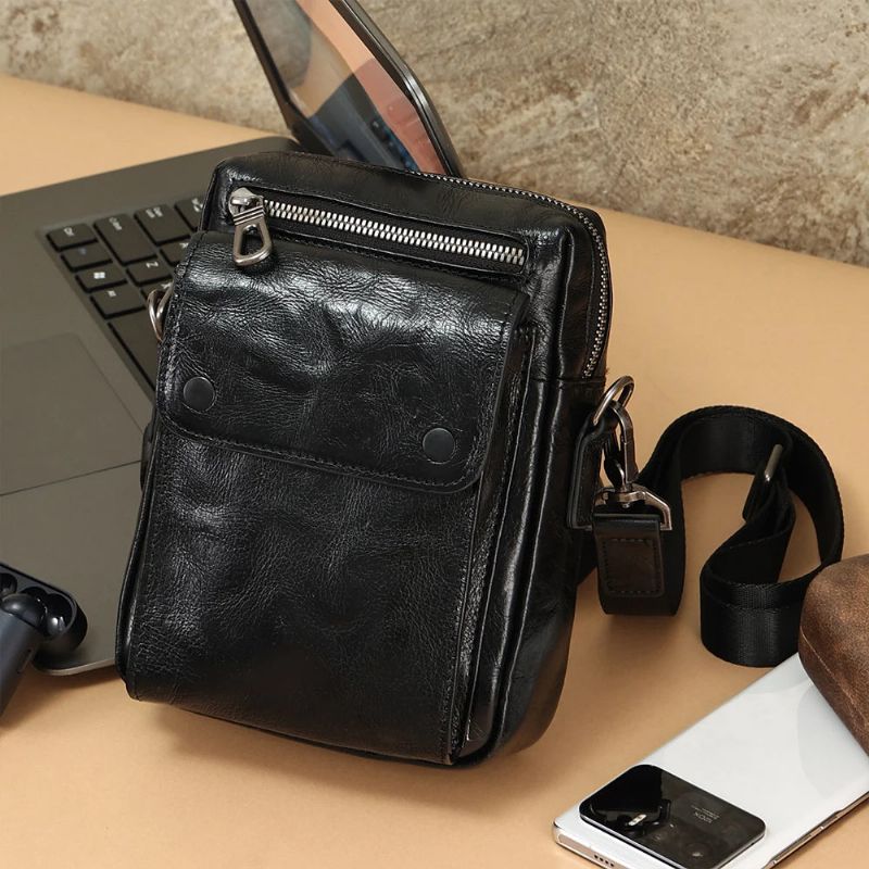 Echt Lederen Schoudertas Voor Heren Messenger Pack Handtas Crossbody Tas Herenportemonnee Sling Satchel Bag Zakenreizen - Zwart