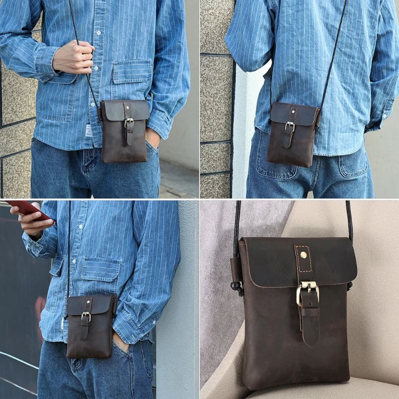 Echt Leer Heren Vintage Casual Messenger Bag Mini Lederen Schoudertas Crossbody - Koffie