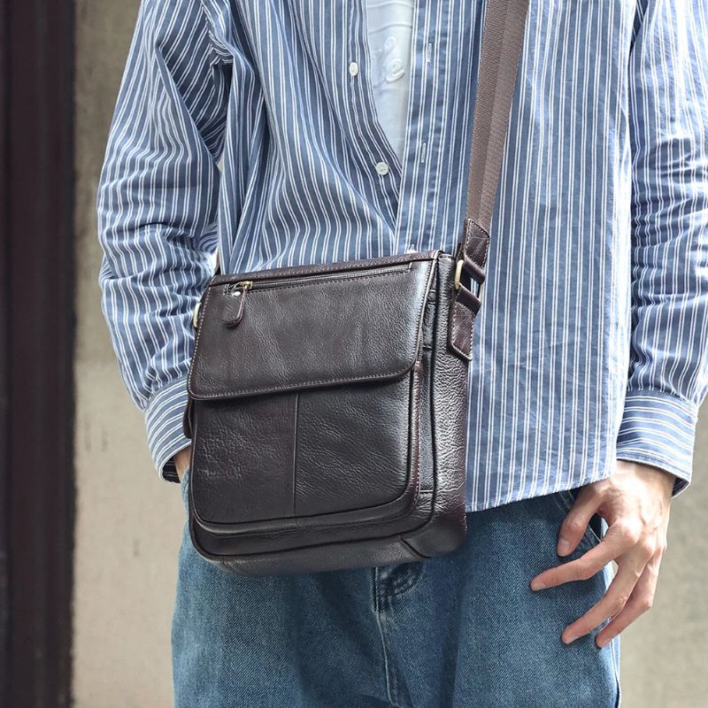 Echt Leer Heren Vintage Handtassen Flap Schoudertassen Casual Messenger Bags Crossbody Tas - Koffie