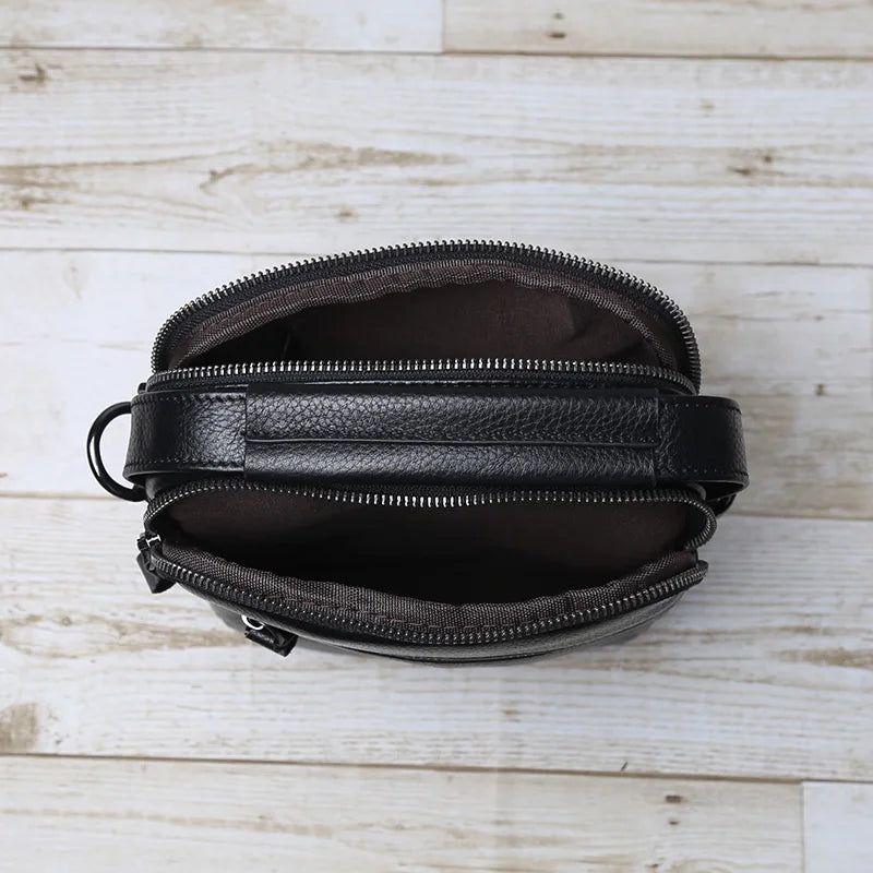 Handgemaakte Schoudertas Voor Heren Lederen Crossbody Opbergtas Casual Retro - Zwart