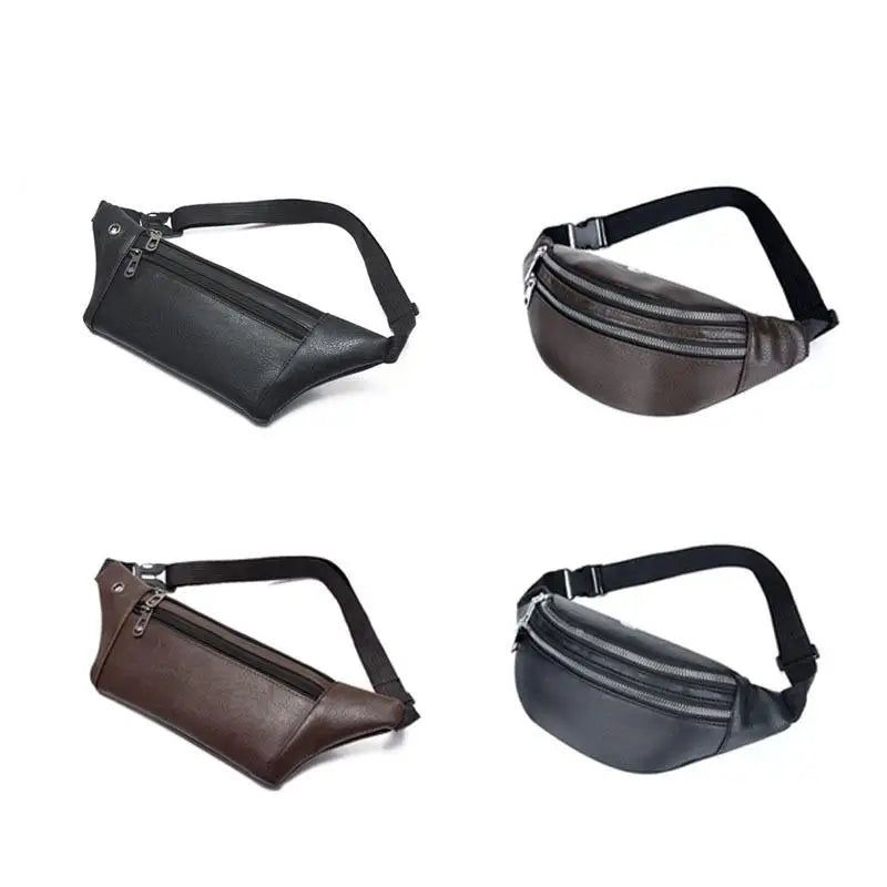 Heren Fanny Pack Lederen Drielaagse Multifunctionele Borsttas Met Oortelefoonopening Sportgeldcollectie Heuptas Tij - Zwart