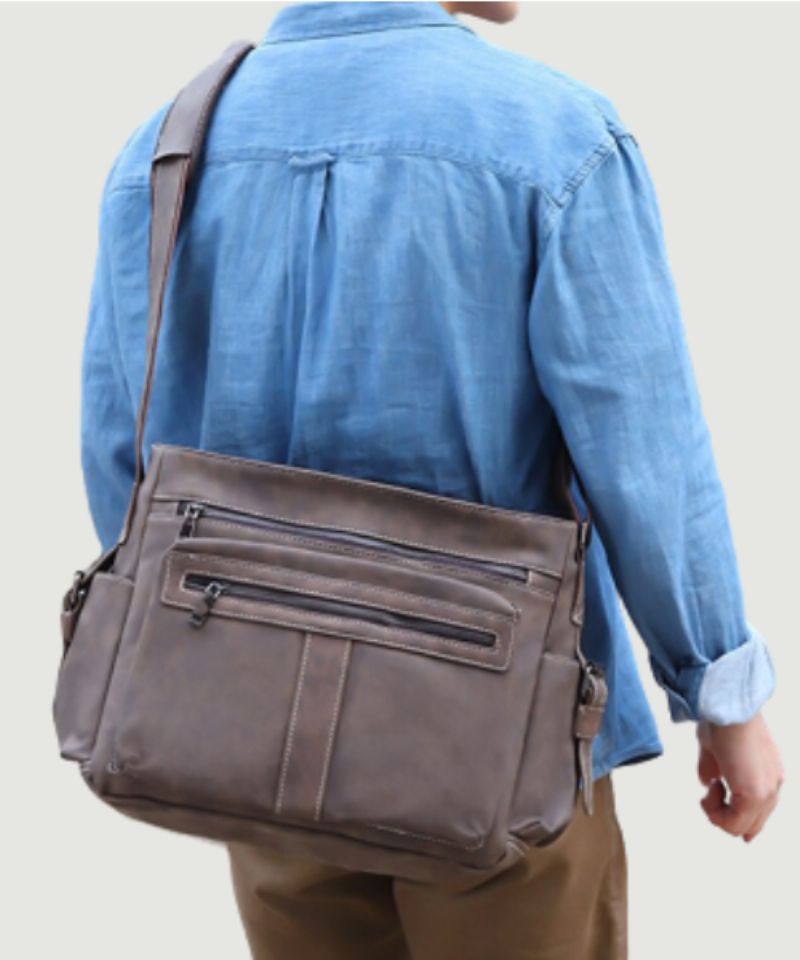 Heren Lederen Schoudertassen Casual Vintage Crossbody Tas Grote Capaciteit Reistassen Messenger Bag Schooltassen - Grijs