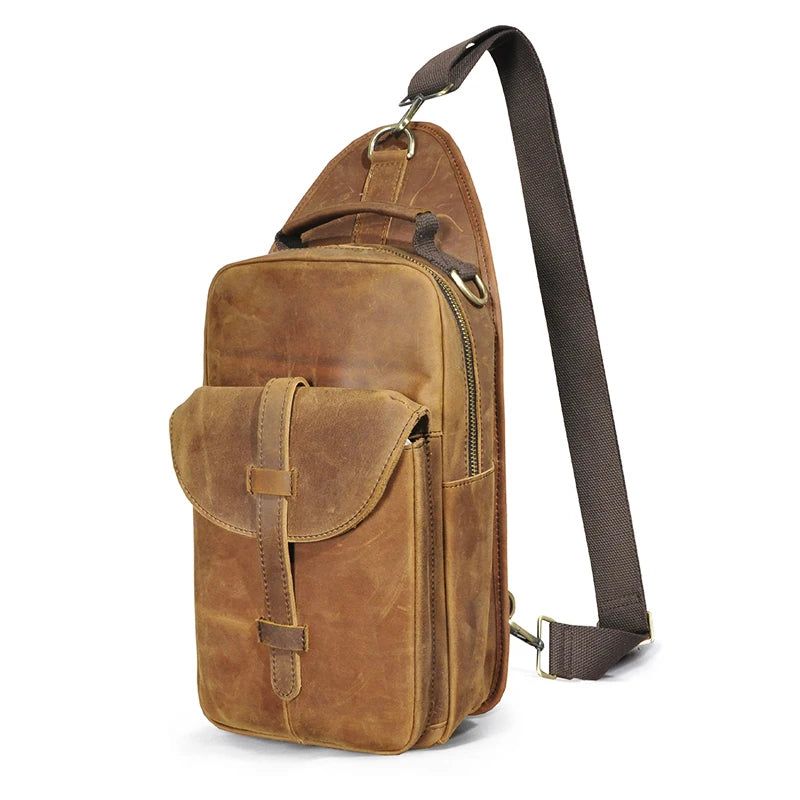 Leren Retro Borsttas Sling Bag Design Reizen Een Schoudertas Rugzak Voor Heren - Bruin